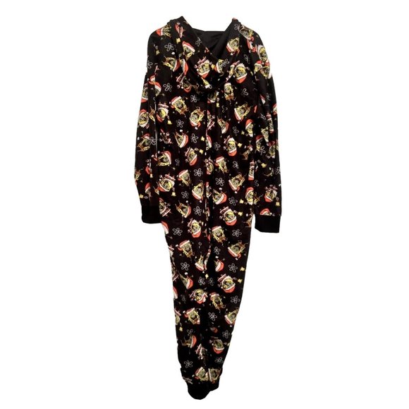 Christmas SpongeBob Squarepants PJs Comfy One Piece Black Loungewear w Hood NEW - Picture 6 of 14